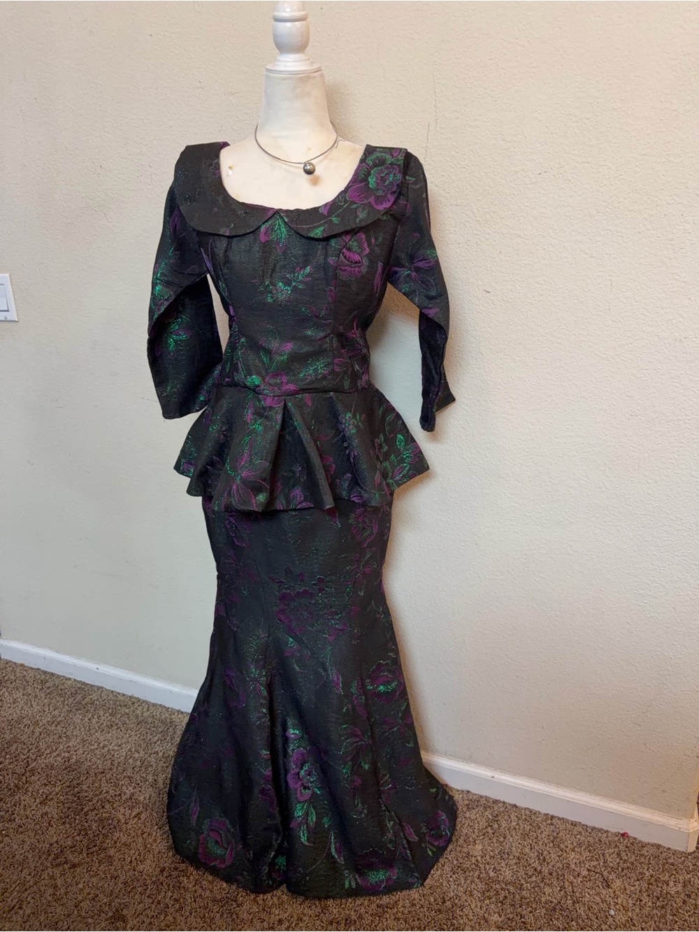 Black Floral Jacquard Peplum Maxi Dress with Iridescent Accents